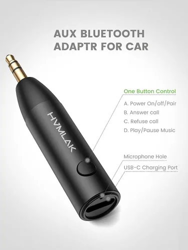 Miniatura 5 de HVMLAK Adaptador Bluetooth 5.3 Aux para Coche con Micrófono Mejorado, Jack de 3.5mm para Estéreo de Coche y Hogar, Carga USB-C, Estuche Resistente