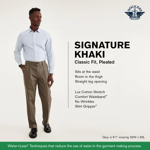 Miniatura 5 de Dockers Signature - Pantalón elástico de algodón para hombre de ajuste clásico y plisado, caqui