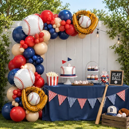 Miniatura 7 de Decoraciones de fiesta de cumpleaños de béisbol, arco de globos azul marino, rojo y nude con globos de papel de aluminio con guante de béisbol