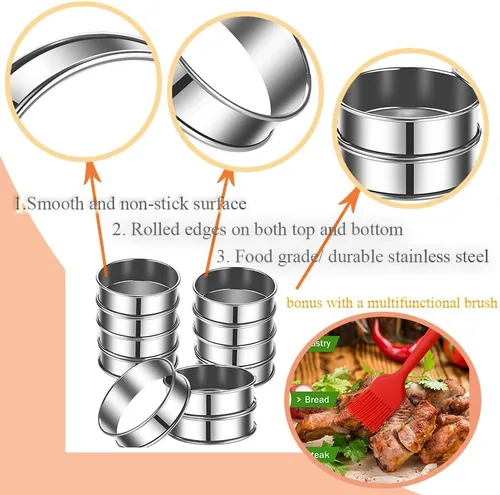 Miniatura 3 de DATANYA Paquete de 8 anillos para muffins ingleses de 4 pulgadas, anillos de tarta dobles de acero inoxidable, moldes de anillo de pastelería