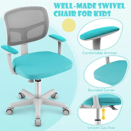 Miniatura 8 de GLACER Silla de escritorio para niños, silla de estudio giratoria de malla ajustable con ruedas, brazos, silla ergonómica para computadora con Verde