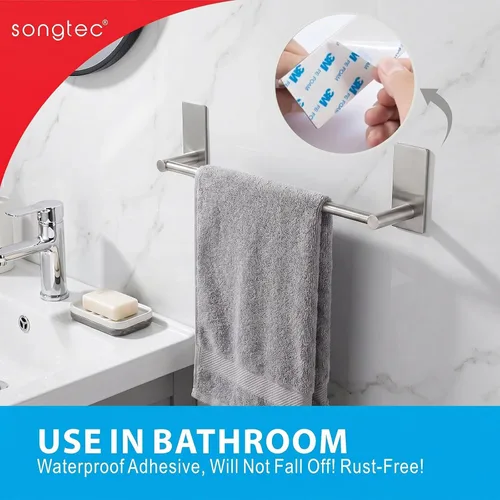 Miniatura 2 de Songtec Barra para Toallas de Baño de 16 Pulgadas, Porta Toallas Sin Taladro, Fácil Instalación con Autoadhesivo, Acero Inoxidable Premium SUS304