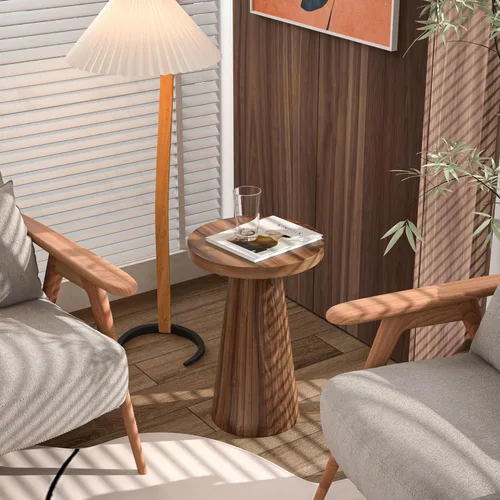 Miniatura 6 de Pequeña mesa auxiliar redonda con pedestal, mesa auxiliar de madera para sala de estar, mesa de bebidas acanalada para espacios pequeños, mesa Nogal