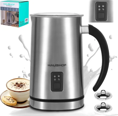 HAUSHOF Espumador de leche, espumador de leche eléctrico 4 en 1 y vaporizador, gran capacidad, máquina de chocolate caliente, máquina automática de
