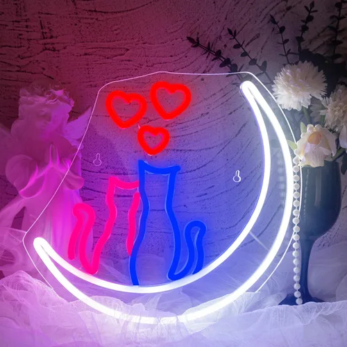 Letrero de Neón de Dos Gatos en la Luna para Navidad, Lindas Luces de Neón de Gatos para Decoración de Pared, Luces de Neón LED 3D de Animales