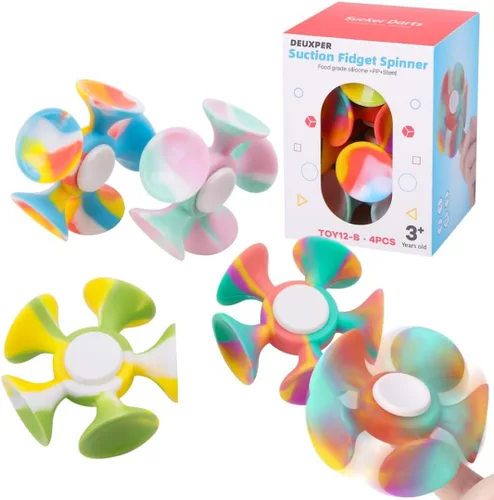 Paquete de 4 Fidget Spinner con ventosa – Juguete sensorial seguro y suave para aliviar la ansiedad para adultos y niños de 8 a 12 años | Juego de