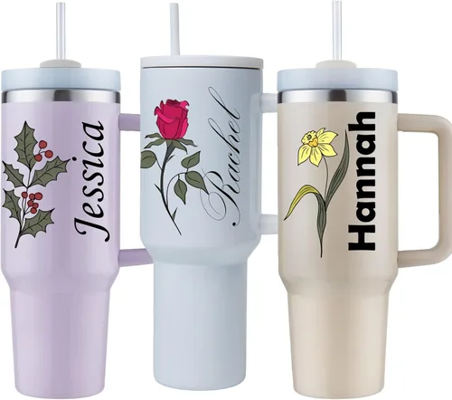 Miniatura 11 de Vaso personalizable de 40 onzas con asa y tapa con pajilla, regalos inspiradores para mujeres, colores vivos, acero inoxidable con aislamiento
