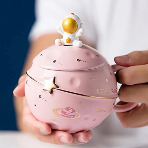 Miniatura 2 de Yalucky Taza Kawaii de astronauta con diseño de planeta en relieve del espacio, bonita taza de café de cerámica, taza novedosa con tapa y cuchara