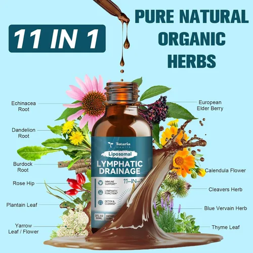 Miniatura 2 de Gotas de drenaje linfático liposomal: suplemento de drenaje linfático orgánico 11 en 1 con raíz de bardana, equinácea, saúco, caléndula, hierba