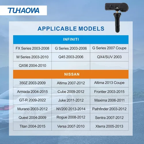 Miniatura 2 de Sensor de presión de neumáticos TPMS compatible con Infiniti Nissan preprogramado 315MHz Reemplazar # 40700-JA01B 40700-1AA0B 40700-1AA0D