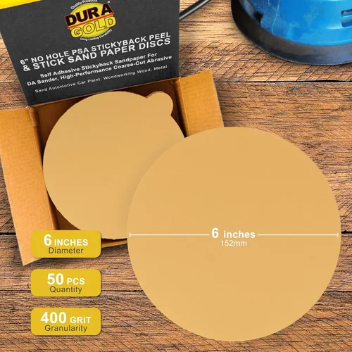 Miniatura 2 de Dura-Gold Discos de lija PSA dorados de 6 pulgadas de alta calidad, grano 400, caja de 50 unidades, papel de lija autoadhesivo para lijadora DA