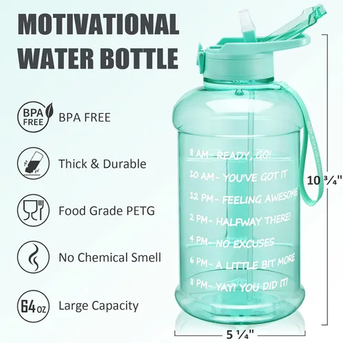 Miniatura 7 de Fimibuke Botella de agua de medio galón con funda, botella de agua de 64 onzas con asa y pajilla, a prueba de fugas, botella de agua motivacional