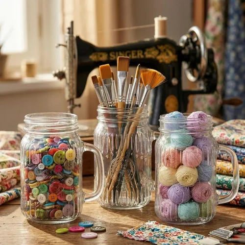Miniatura 8 de SUT Mason Jar - Vasos para beber con asa, paquete de 6, 16 onzas, tazas de tarro Mason en relieve vintage para café helado, jugo, té y cerveza