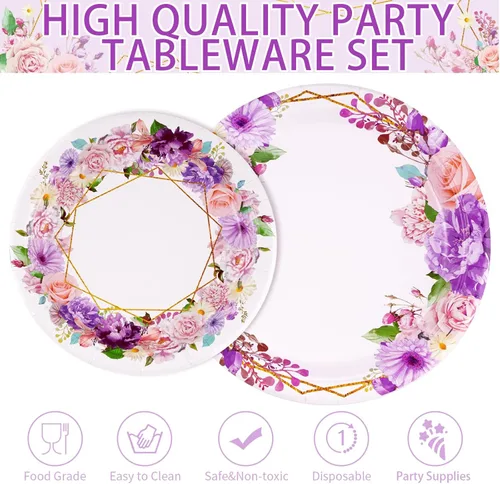 Miniatura 3 de Grencian 96 piezas de suministros de fiesta floral de primavera, platos de papel y servilletas de flores rosas y moradas, juego de vajilla