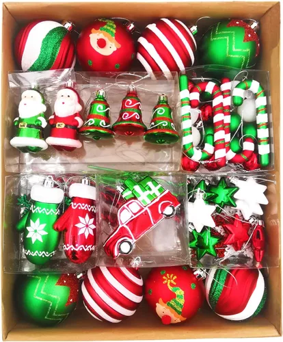 Juego de Adornos de Bolas de Navidad, 64 unidades, Colección Splendor Alegre Rojo Verde Blanco, Adornos Navideños Surtidos Irrompibles para Fiestas