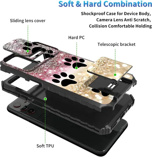 Miniatura 1144 de Funda para Samsung Galaxy S22 Ultra 5G, Galaxy S22 Ultra con cubierta de cámara deslizante, funda resistente de doble capa con función atril Black