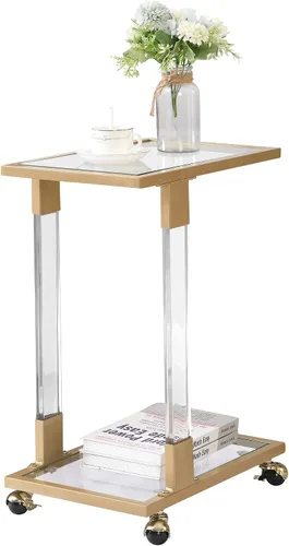 Miniatura 7 de Mesa auxiliar de cristal dorado en forma de C con ruedas móviles, mesa de acrílico para sala de estar, mesa C transparente para dormitorio, muebles