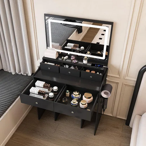 Miniatura 7 de Escritorio de tocador con espejo de luz LED, mesa de tocador de maquillaje con taburete, 5 cajones, soporte para secador de pelo, toma de corriente