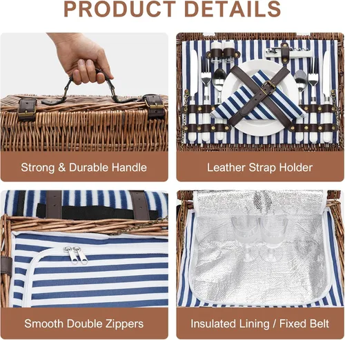 Miniatura 6 de Cesta de picnic para 2 personas – Cestas con enfriador y manta de picnic, cesta de picnic clásica de mimbre con alfombrilla de playa impermeable y a