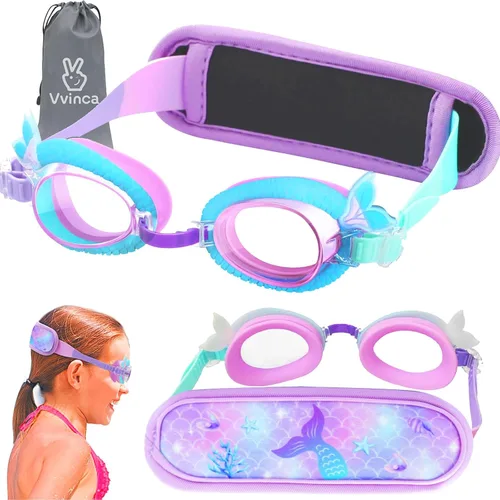 Miniatura 20 de Vvinca Gafas de natación para niños con correa de tela, sin enredos, sin dolor, antivaho para piscina, sin fugas, para niños y niñas