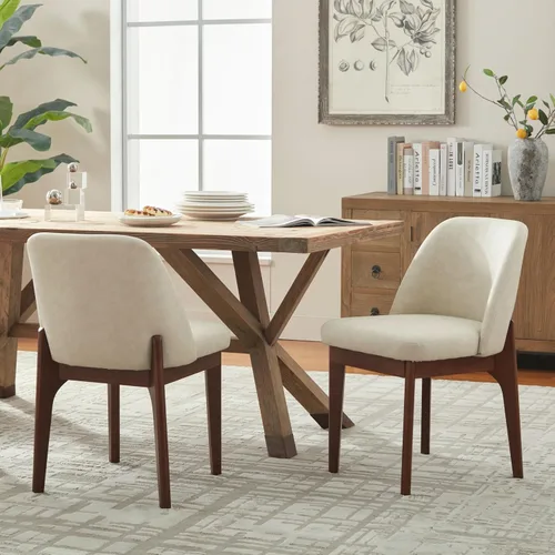 Miniatura 5 de VKNOW Juego de 2 sillas de comedor modernas, sillas de cocina de piel sintética con patas de madera, sillas laterales tapizadas para cocina, Beige