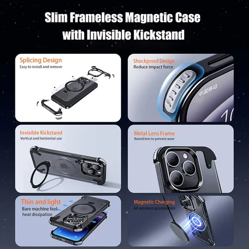 Miniatura 6 de Losin Soporte magnético para iPhone 15 Pro Max de metal sin marco [compatible con MagSafe] [protección contra caídas] Funda delgada a prueba
