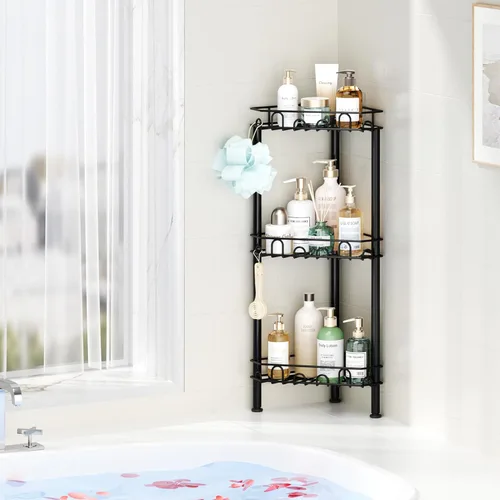 Miniatura 5 de SWTYMIKI Estante organizador de ducha de pie de acero inoxidable de 3 niveles con 12 ganchos y almohadillas adhesivas, estantes esquineros