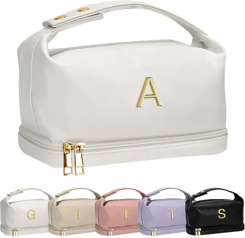 Miniatura 132 de Bolsa de maquillaje con asa, bolsa de cosméticos impermeable de doble capa, bolsas de maquillaje de cuero PU de gran capacidad con letra, bolsa