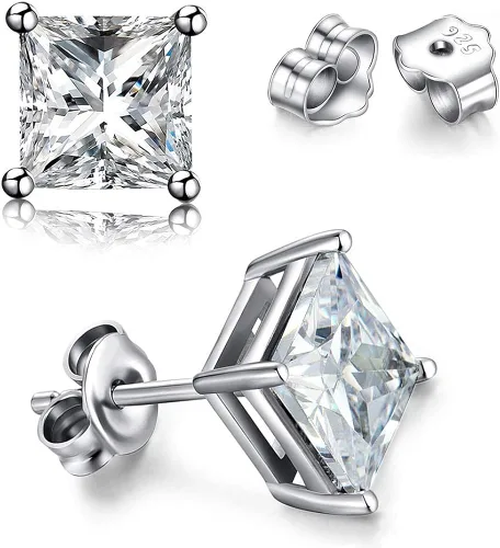 MMTTAO Aretes de plata de ley 925 con circonita cúbica de corte princesa para mujeres, hombres y niñas, brillantes y puros, aretes de circonita