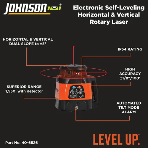 Miniatura 2 de Johnson Level & Tool 99-028K - Sistema láser rotativo electrónico autonivelante de doble pendiente horizontal/vertical, rojo, 1 kit