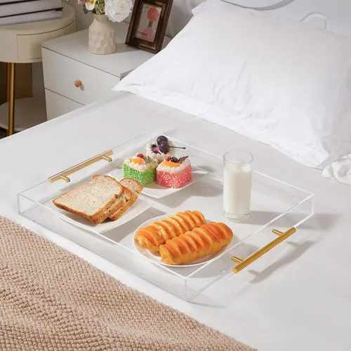 Miniatura 2 de Bandeja grande de acrílico transparente para servir (16 x 18 pulgadas) con asas doradas, bandeja decorativa acrílica a prueba de derrames
