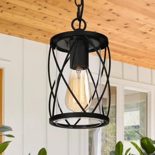 Miniatura 8 de classy leaves Luces colgantes negras para exteriores, lámpara colgante exterior con vidrio transparente, farol colgante de porche en acabado negro