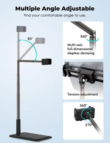 Miniatura 3 de Viozon Soporte de Piso para Tablet con Brazo Largo Flexible y Soporte para Teléfono, Ajustable en Ángulo 360°, Aleación de Aluminio, para Cama