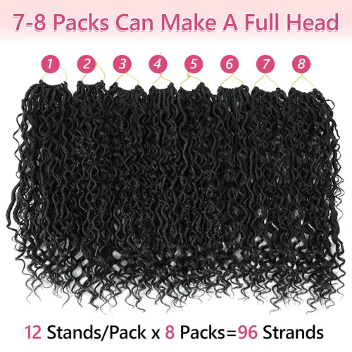 Miniatura 6 de 8 Paquetes de Rastas Falsas Bohemias de Ganchillo de 10 Pulgadas, Rastas Suaves de Ganchillo con Extremos Rizados Pre-enrolladas Goddess Locs, 1b#