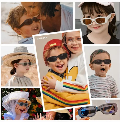Miniatura 6 de AWGSEE Lentes de sol rectangulares retro para niños, estilo vintage de los años 90, con marco cuadrado estrecho, para niñas y niños, protección UV