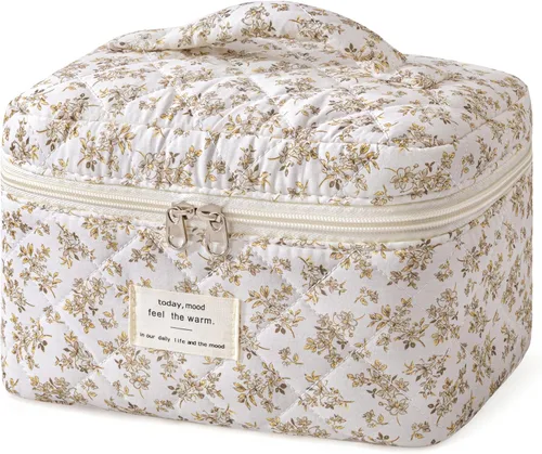 Miniatura 18 de HBselect Bolsa de Maquillaje Acolchada, Bolsa de Maquillaje Grande de Algodón para Viaje, Lindas Bolsas de Maquillaje con Flores Coquette, Bolsas