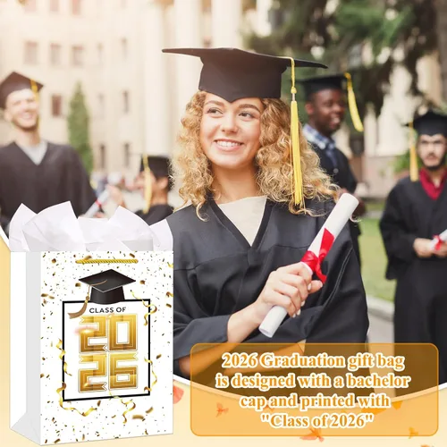 Miniatura 4 de FLYAB Class of 2026 - Bolsas de regalo de graduación – Bolsa grande de felicitación de 13 pulgadas con asa de papel de seda para graduados