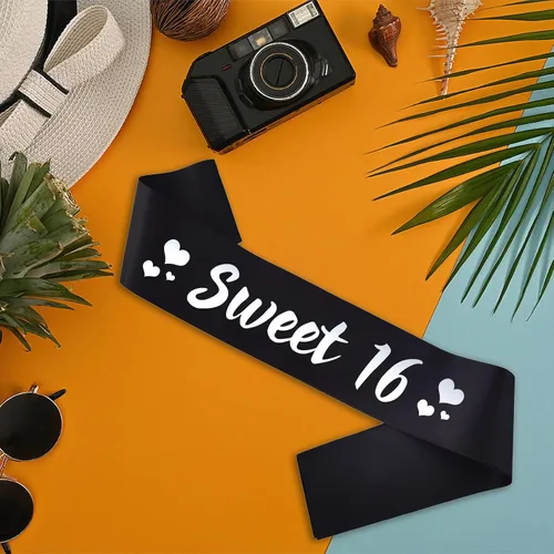 Miniatura 3 de Banda de cumpleaños de 16 años, banda de satén negro plateado con texto en inglés "Sweet 16" para niña, decoración de fiesta de cumpleaños de 16