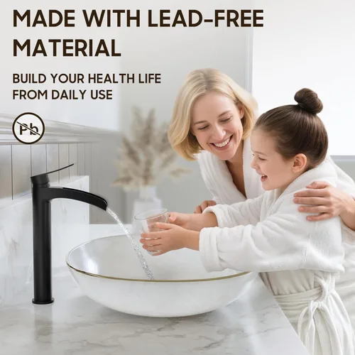 Miniatura 3 de Phiestina Grifo Alto de Lavabo Vessel para Baño Negro Mate, Cascada de Un Solo Orificio con Una Sola Manija para Lavabo Sobre Encimera, con Desagüe