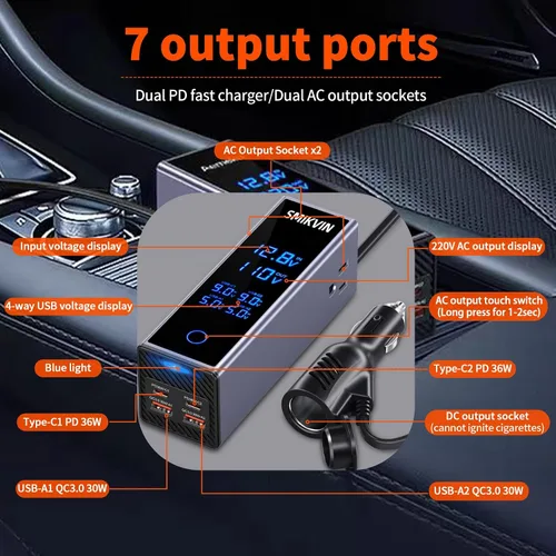Miniatura 3 de Inversor de corriente para automóvil de 300 W, convertidor de 12 V a 110 V CA con 2 salidas de CA y 4 puertos USB (2 PD 36 W + 2 QC3.0 30 W)
