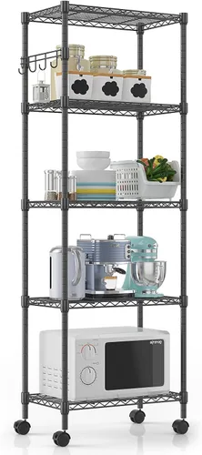 Miniatura 30 de Himimi Estantería de almacenamiento de alambre de acero resistente de 4 niveles, estantes de almacenamiento de metal ajustables con ruedas, estante