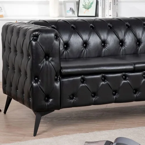 Miniatura 7 de Sofá Chesterfield de 84 pulgadas, piel sintética, cojín extraíble tradicional con brazo cuadrado de 3 plazas, ribete de botón copetudo con patas