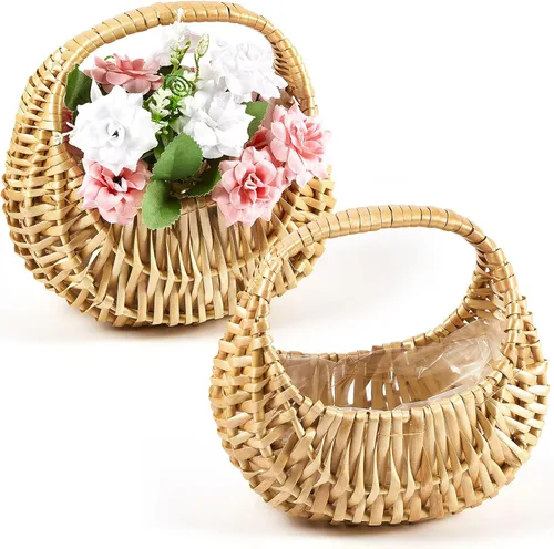 Miniatura 10 de Taiyin Paquete de 3 cestas de mimbre de mimbre de paja de media luna con asa, ideal para boda, niña, picnic, almacenamiento de jardín y decoración