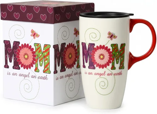 Miniatura 16 de Taza de café de cerámica de 17 onzas con tapa y caja de regalo, taza de té de porcelana floral abstracta moderna, apta para microondas y Colorido