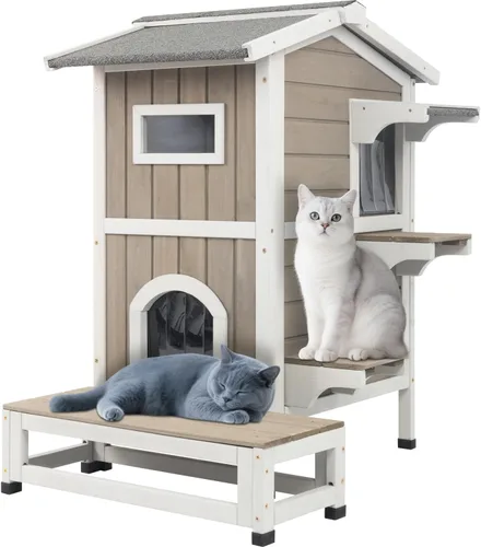 Miniatura 10 de PetsCosset Casa para gatos al aire libre resistente a la intemperie, refugio de gatos de dos pisos para exteriores, condominio interior para gatos