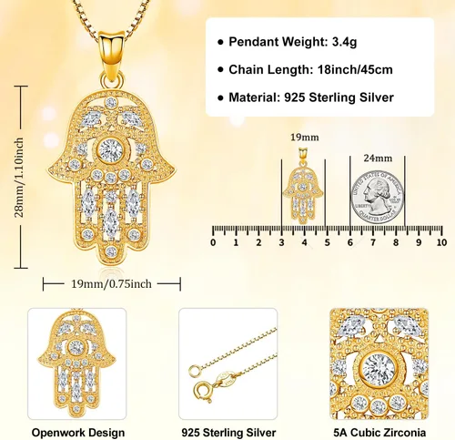 Miniatura 19 de Aniu Joyería de plata de ley 925 Hamsa de Fátima para mujer con circonita cúbica, viene con caja de regalo negra