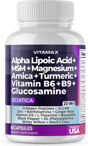 Apoyo para la salud del nervio ciático - Suplemento para el nervio ciático en cápsulas con ácido fólico, guisante, glucosamina, MSM, complejo de