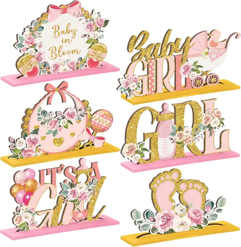 6 piezas de centros de mesa de baby shower florales en madera con letras de "Baby in Bloom" en color rosa y dorado floral, revelación de género para