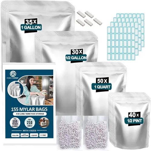 155 bolsas de Mylar con 155 absorbentes de oxígeno, 210 etiquetas y herméticas bolsas resellables de 4 tamaños con 5 clips, bolsas de Mylar grandes