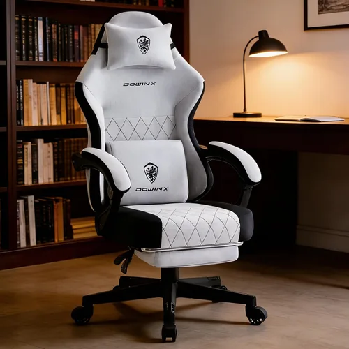 Dowinx Silla de juegos con cojín de resorte de bolsillo, almohada lumbar de masaje y reposapiés, asiento ancho con reposabrazos acolchados, tela